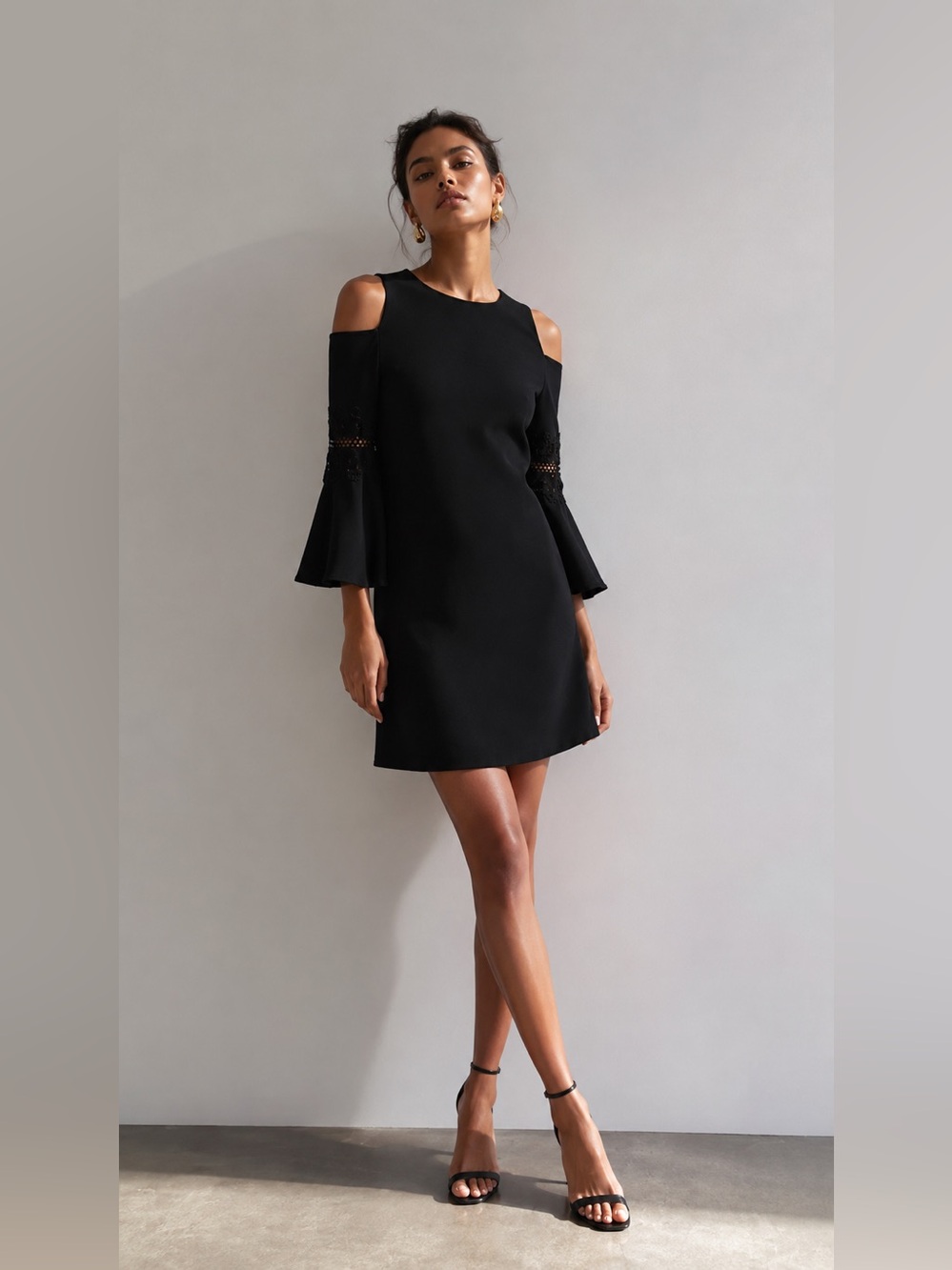 Eliza J | 6 | Cold-Shoulder Black Shift Dress with Lace Bell Sleeves